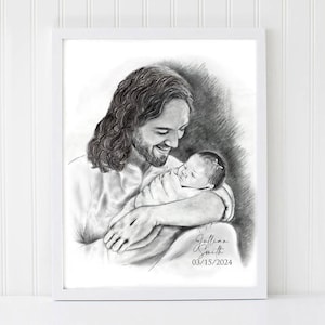 Jesus holding newborn baby, Custom Memorial Gift, Gift for New Mother, Jesus Drawing, Art Print