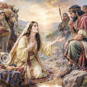 May include: A painting depicting a woman kneeling in a cream-colored robe and head covering, reaching out toward a seated man in a red cloak and gold headband. Other figures, a donkey, and baskets of fruit are visible in a desert landscape setting.