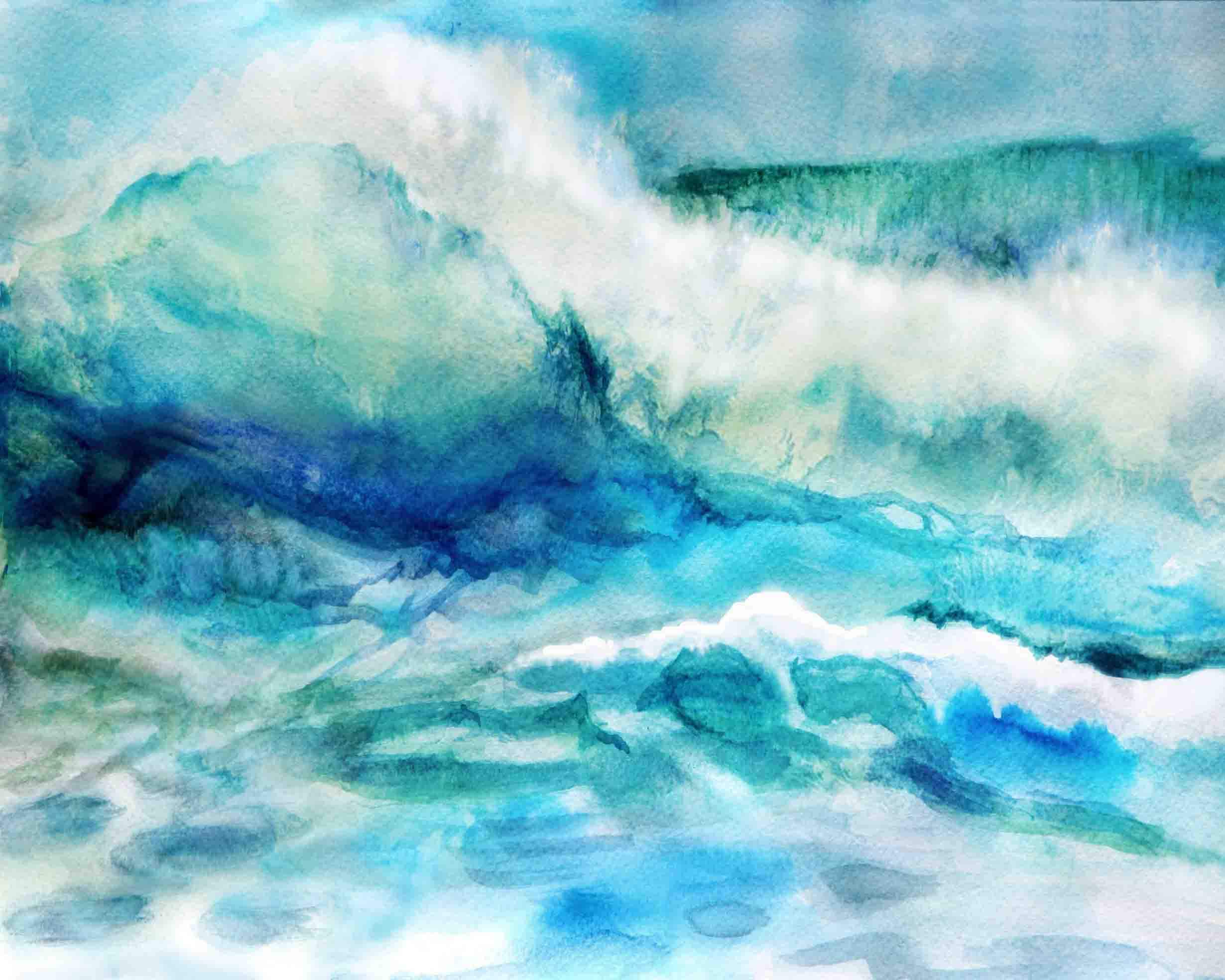 Watercolor Beach Wall Art of Ocean Waves Done in Blues Teals Etsy