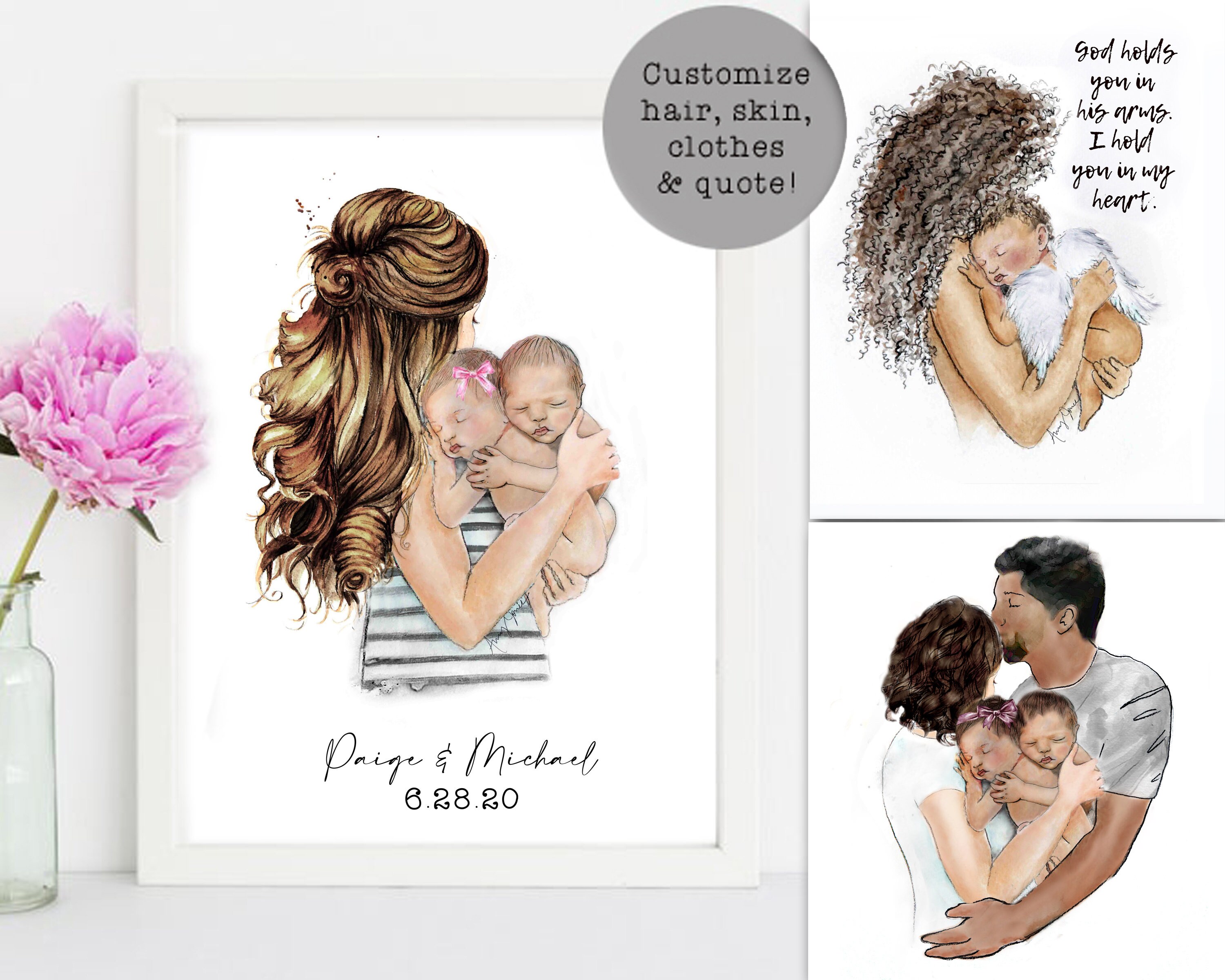 Mere Nouveau Ne Bebe Aquarelle Dessin Maman Papa Bebe Etsy