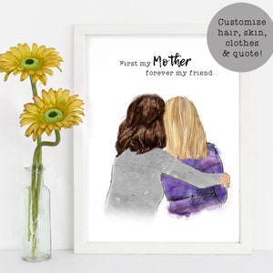 Mother&#39;s Hug, Personalized Art Print, Mom/Daughter Grandma/Granddaughter Custom Mother&#39;s Day or Birthday Gift Watercolor Illustration