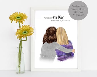 Mother's Hug, Personalized Art Print, Mom/Daughter Grandma/Granddaughter Custom Mother's Day or Birthday Gift Watercolor Illustration