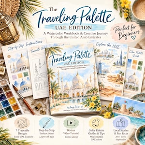 Op de afbeelding: The Traveling Palette UAE Edition is een aquarelwerkboek en creatieve reis met een omslagillustratie van een moskee met palmbomen. De set bevat stapsgewijze instructies, overtrekbare schetsen, kleurenpaletgidsen en lokale verhalen.