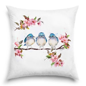 Oiseaux bleus avec fleurs de cerisier rose de printemps Aquarelle, toile ou oreiller image 3