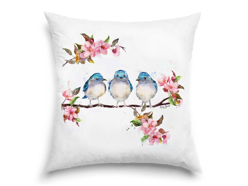 Oiseaux bleus avec fleurs de cerisier rose de printemps Aquarelle, toile ou oreiller image 3