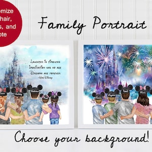 Custom Family Disney Portrait Disneyland Castle Watercolor Fireworks Illustration Disneyworld Print Mickey Mouse Ears Personalized Name 50th