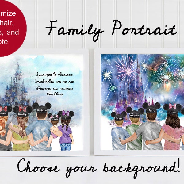 Custom Family Disney Portrait Disneyland Castle Watercolor Fireworks Illustration Disneyworld Print Mickey Mouse Ears Personalized Name 50th