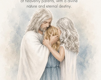 May include: A watercolor illustration depicting a bearded figure in a white robe and a woman with long wavy hair in a white dress embracing a child in a blue dress. The text reads: I am a beloved daughter of heavenly parents, with a divine nature and eternal destiny.