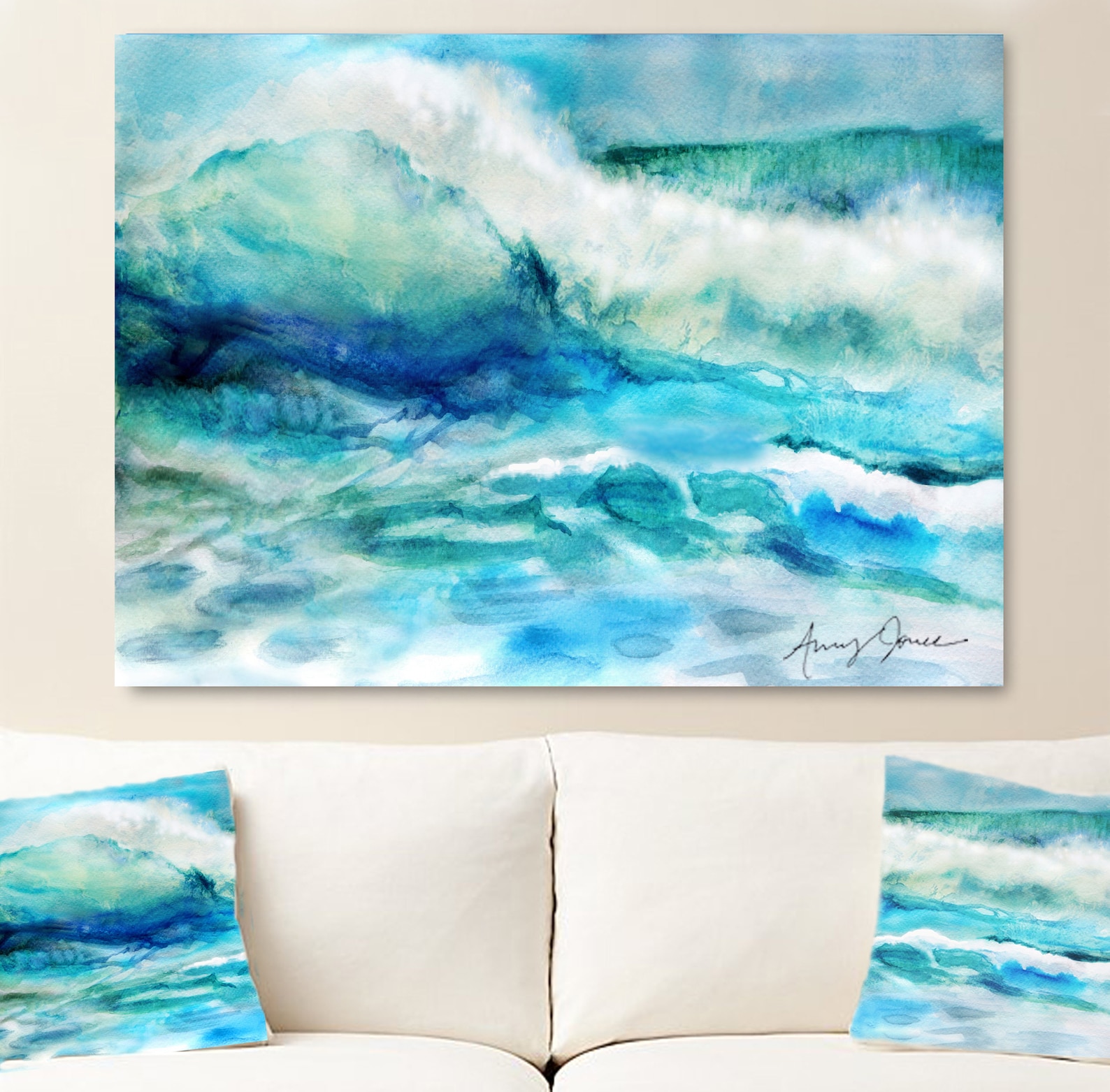 Watercolor Beach Wall Art of Ocean Waves Done in Blues Teals Etsy