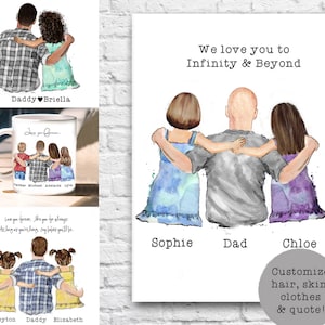 Daddy's Hug- Little Girl Boy or baby hugging Dad/Grandpa Lil/Big Sister/Brother Custom Gift Watercolor Illustration Personalize Drawing
