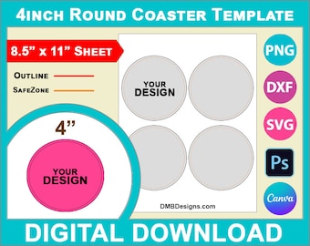 4inch Round Cup Coaster Sublimation Template, Canva, SVG, DXF, Dwg, Ai, Png, Psd, PDF 8.5"x11" sheet, Printable