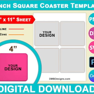 Quadratische 4-Zoll-Cup Coaster Sublimationsvorlage, Canva, SVG, DXF, Dwg, Ai, Png, Psd, PDF 8,5 "x 11" Blatt, printable