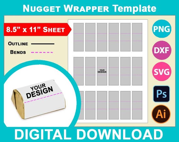 Nugget Mini Chocolate Wrapper Template, Canva, SVG, DXF, Dwg, Ai, Png, Psd, PDF 8.5"x11" sheet, Printable