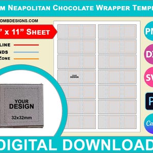 May include: A printable template for 32mm Neapolitan chocolate wrappers. The template includes 12 wrappers on an 8.5 x 11 inch sheet. The template includes guidelines for outlining, bending, and a safe zone for design placement. The template is available in PNG, DXF, SVG, Photoshop, and Canva formats.