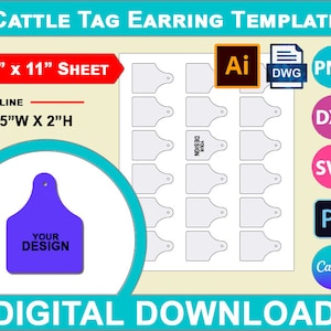 Puede incluir: Una plantilla de descarga digital para pendientes de etiquetas de ganado. La plantilla incluye 24 formas de pendientes, cada una de 3,8 cm de ancho por 5,1 cm de alto. La plantilla está disponible en los formatos AI, DWG, PNG, DXF, SVG y PS.