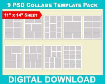 Paquete de 9 plantillas de Photoshop para collages de fotos de 11 x 14, guiones gráficos, fotógrafos, paneles de inspiración, tableros de blogs, collages de fotos, archivos PSD