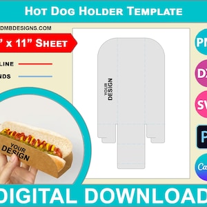 Puede incluir: Una plantilla imprimible para un soporte de hot dog. La plantilla mide 8,5 pulgadas por 11 pulgadas e incluye líneas para cortar y doblar. La plantilla se muestra con un hot dog dentro del soporte.