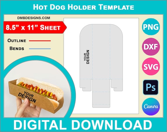 7" Hot Dog Holder Template, Hot Dog Box Packaging Template, Canva, DXF, Ai, Png, Psd, PDF 8.5"x11" sheet, Printable