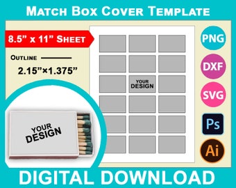 2.15"×1.375" Match box blank label template, match box label template, Canva, SVG, DXF, Dwg, Ai, Png, Psd, PDF 8.5"x11" sheet, Printable