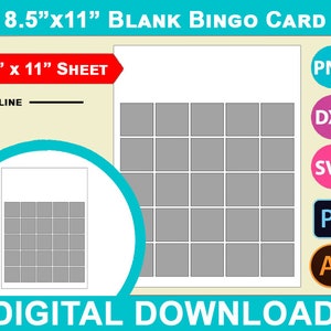 Sjabloon blanco bingokaart van 8,5 x 11 inch, gewoon, lege bingokaarten, DIY, canva, SVG, DXF, dwg, ai, png, psd, pdf Vel 8,5 x 11 inch, afdrukbaar