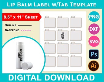 Lip Balm Wrap Label Template, Sublimation Sticker Template, Safety Tab, Canva, SVG, DXF, Dwg, Ai, Png, Psd, PDF 8.5"x11" sheet, Printable