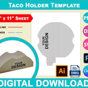 May include: A digital download template for a taco holder. The template is designed to be printed on an 8.5 x 11 inch sheet of paper. The template includes lines for outlining and bending the paper to create the holder. The template also includes a space for adding a design.