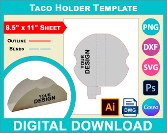 Taco Tray Food Box Holder Template Disposable, Canva, SVG, DXF, Dwg, Ai, Png, Psd, PDF 8.5"x11" sheet, Printable
