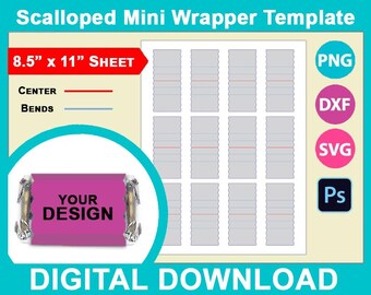 Scalloped Mini Candy Wrapper Template, Miniatures Chocolate Wrapper, Svg, Canva, Dxf, Png, Psd, 8.5"x11" sheet, Printable