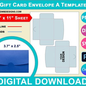 Gift Card Holder Envelope A Template 3.7" x 2.5", Canva, SVG, DXF, Dwg, Ai, Png, Psd, PDF 8.5"x11" sheet, Printable