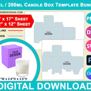 May include: A digital download template bundle for candle boxes. The template includes two sizes: 11 inches by 17 inches and 12 inches by 12 inches. The template is available in PNG, DXF, SVG, and Photoshop formats. The template includes a pre-designed box with the text "Your Design". The template also includes a 2.8 inch by 2.8 inch by 3.5 inch candle jar.