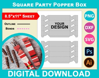 Square Fire Party Cracker Gift Poppers Box Template, DIY Blank Custom Popper Box, PsD, PnG, SvG, DxF, 8.5"x11" sheet, Printable