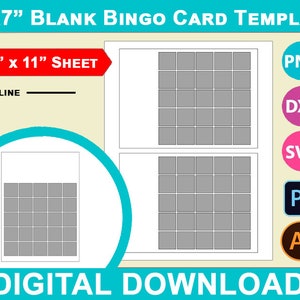 Sjabloon voor blanco bingokaarten van 5 x 7 inch, gewone, lege bingokaarten, DIY, Canva, Svg, DXF, Dwg, Ai, Png, Psd, PDF Vel 8,5 x 11 inch, Afdrukbaar