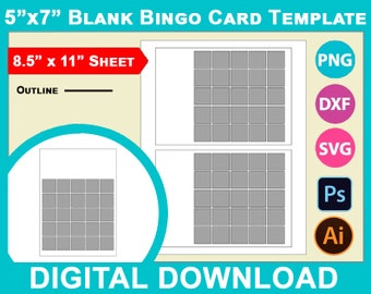 Sjabloon voor blanco bingokaarten van 5 x 7 inch, gewone, lege bingokaarten, DIY, Canva, Svg, DXF, Dwg, Ai, Png, Psd, PDF Vel 8,5 x 11 inch, Afdrukbaar