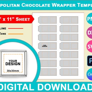 Modello di involucro di cioccolato napoletano, etichetta quadrata di cioccolato, bomboniera, Canva, SVG, DXF, Dwg, Ai, Png, Psd, foglio 8,5"x11", stampabile