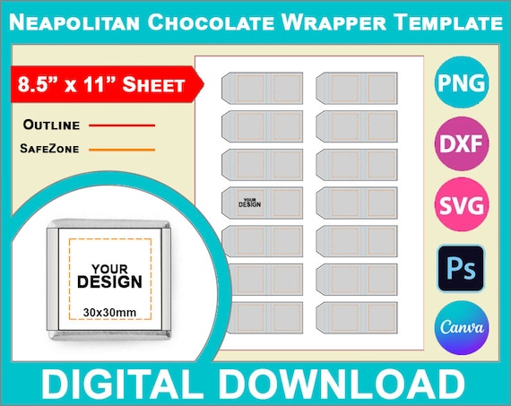 Neapolitan Chocolate Wrapper Template, Square Chocolate label, Party Favor, Canva, SVG, DXF, Dwg, Ai, Png, Psd, 8.5"x11" sheet, Printable