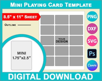 Plantilla de naipes en miniatura, Canva, SVG, DXF, Dwg, Ai, Png, Psd, PDF, hoja de 8,5" x 11", imprimible