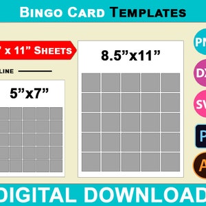 Bingokaart, blanco sjablonen, gewone, lege bingokaarten, doe-het-zelfset, Canva, Svg, DXF, Dwg, Ai, Png, Psd, pdf, vel 8,5 x 11 inch, afdrukbaar