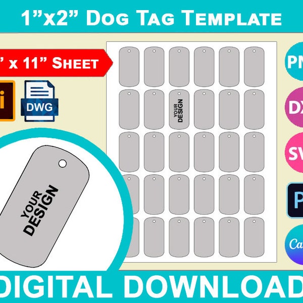 Dog Tag Template, Dog tag template, Canva, SVG, DXF, Dwg, Ai, Png, Psd, PDF 8.5"x11" sheet, Printable