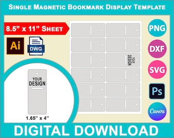 Plantilla en blanco para exhibidor de marcapáginas magnético individual, sublimación, Canva, SVG, DXF, DWG, Ai, PNG, PSD, PDF, hoja de 21,5 x 28 cm, imprimible