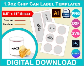 Chip Can 1,3 oz 37g topper sjabloon, chip tube kan afdrukbare DIY, maak je eigen ontwerp, psd, png, svg, dxf, afdrukbaar 8,5 x 11 inch