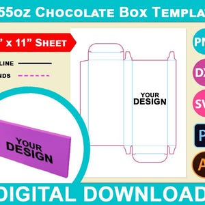 Modèle d'emballage de boîte de barre de chocolat de 1,55 oz, modèle SVG de boîte, toile, DXF, Ai, Png, Psd, feuille PDF 8,5 x 11 po, imprimable