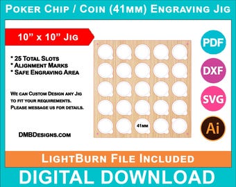 Poker Chip 41mm Diameter Engraving Jig, 25 Round Circle Coin Grid Slots Template, SVG, LightBurn, xtool, omtech laser CO2