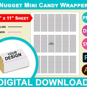 Könnte beinhalten: Eine digitale Download-Vorlage zum Erstellen von Mini-Bonbonverpackungen. Die Vorlage enthält 18 Verpackungen auf einem Blatt im Format 8,5 x 11 Zoll. Die Vorlage enthält Falzlinien und einen Platz zum Hinzufügen Ihres eigenen Designs.