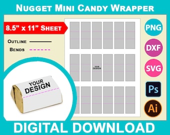 May include: A digital download template for creating mini candy wrappers. The template includes 18 wrappers on an 8.5 x 11 inch sheet. The template includes lines for folding and a space for adding your own design.