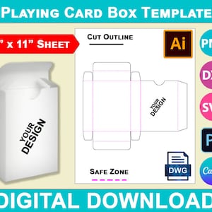 Plantilla de caja para naipes, plantilla de caja para naipes coleccionables, caja para naipes de póquer personalizada en blanco, PsD, PnG, SvG, DxF, hoja de 8,5" x 11", imprimible