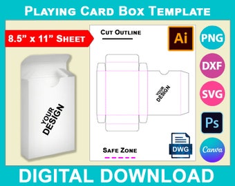Szablon pudełka na karty do gry, szablon pudełka na karty kolekcjonerskie, DIY puste niestandardowe pudełko na karty pokerowe, PsD, PnG, SvG, DxF, arkusz 8,5"x11", do druku