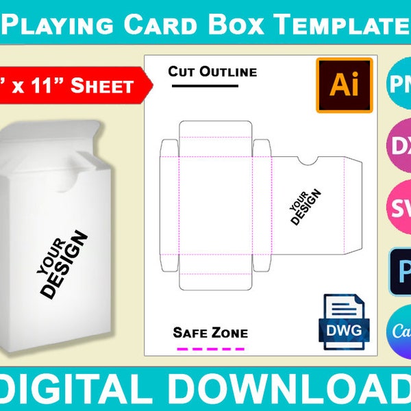 Playing Card Box Template, Trading Card Box Template, DIY Blank Custom Poker Card Box, PsD, PnG, SvG, DxF, 8.5"x11" sheet, Printable