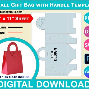 Könnte beinhalten: Eine druckbare Vorlage für eine kleine Geschenktüte mit Henkel. Die Vorlage ist 8,5 Zoll mal 11 Zoll groß und enthält Anweisungen zum Schneiden und Falten. Die Tasche ist 3,5 Zoll breit, 1,75 Zoll tief und 3,85 Zoll hoch.