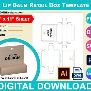 Modelo de caixa de varejo de protetor labial, caixa dobrável de protetor labial de sublimação, personalize seu próprio design, SVG, DXF, Dwg, Ai, Png, Psd, PDF 8,5"x11"
