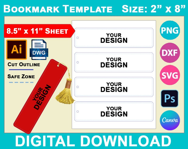 2 X 8 Blank Bookmark Template, Printable Bookmark Template Cricut  Silhouette Silhouette Studio Paper Size Letter 